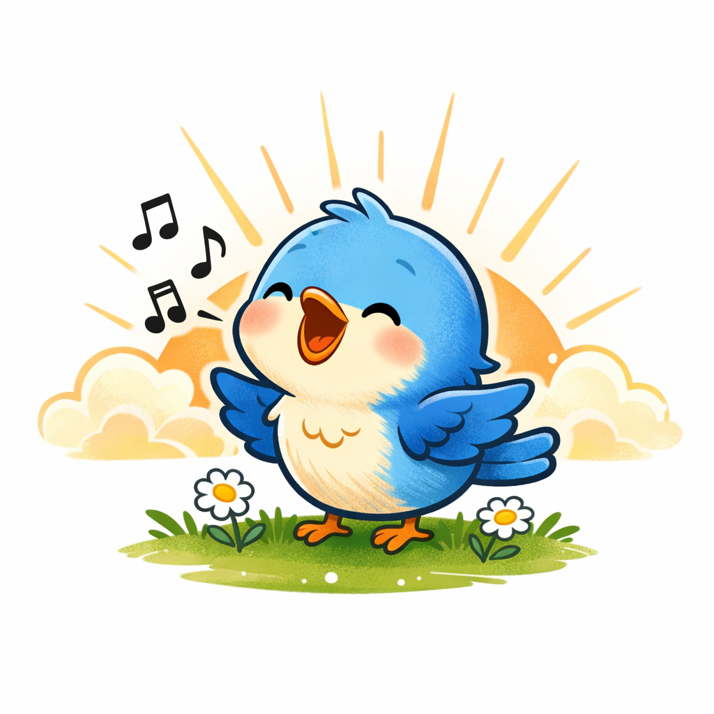 Singing Bluebird cartoon behind a sunrise, singing with music notes