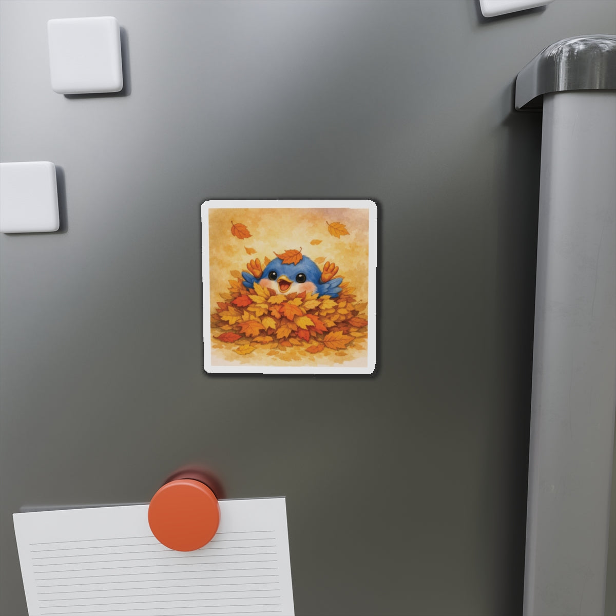 Autumn Bluebird Magnet – Watercolor Leaf Pile Art