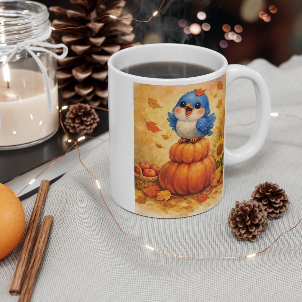Bluebird on Pumpkin Fall Mug – Watercolor Autumn Coffee Cup