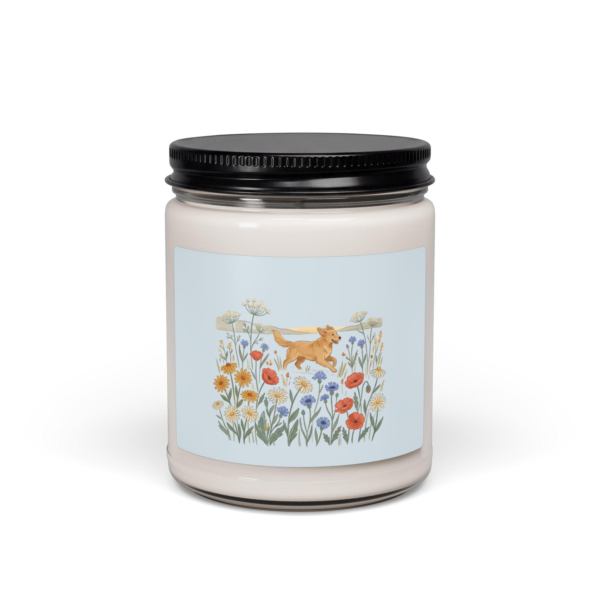 Floral Meadow Soy Candle — 9oz Scented Jar with Golden Retriever Design