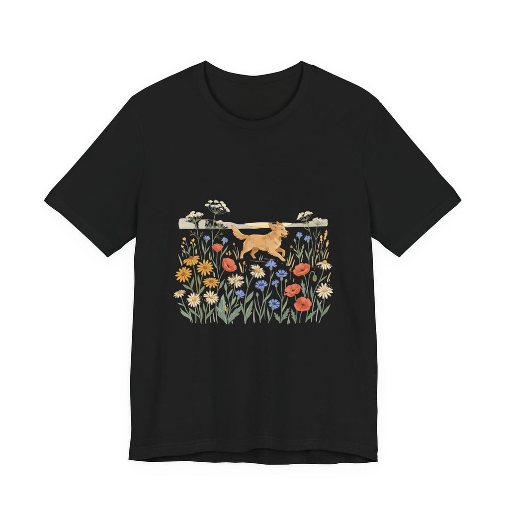 Floral Meadow Dog T‑Shirt — Playful Golden Retriever in Wildflower Field