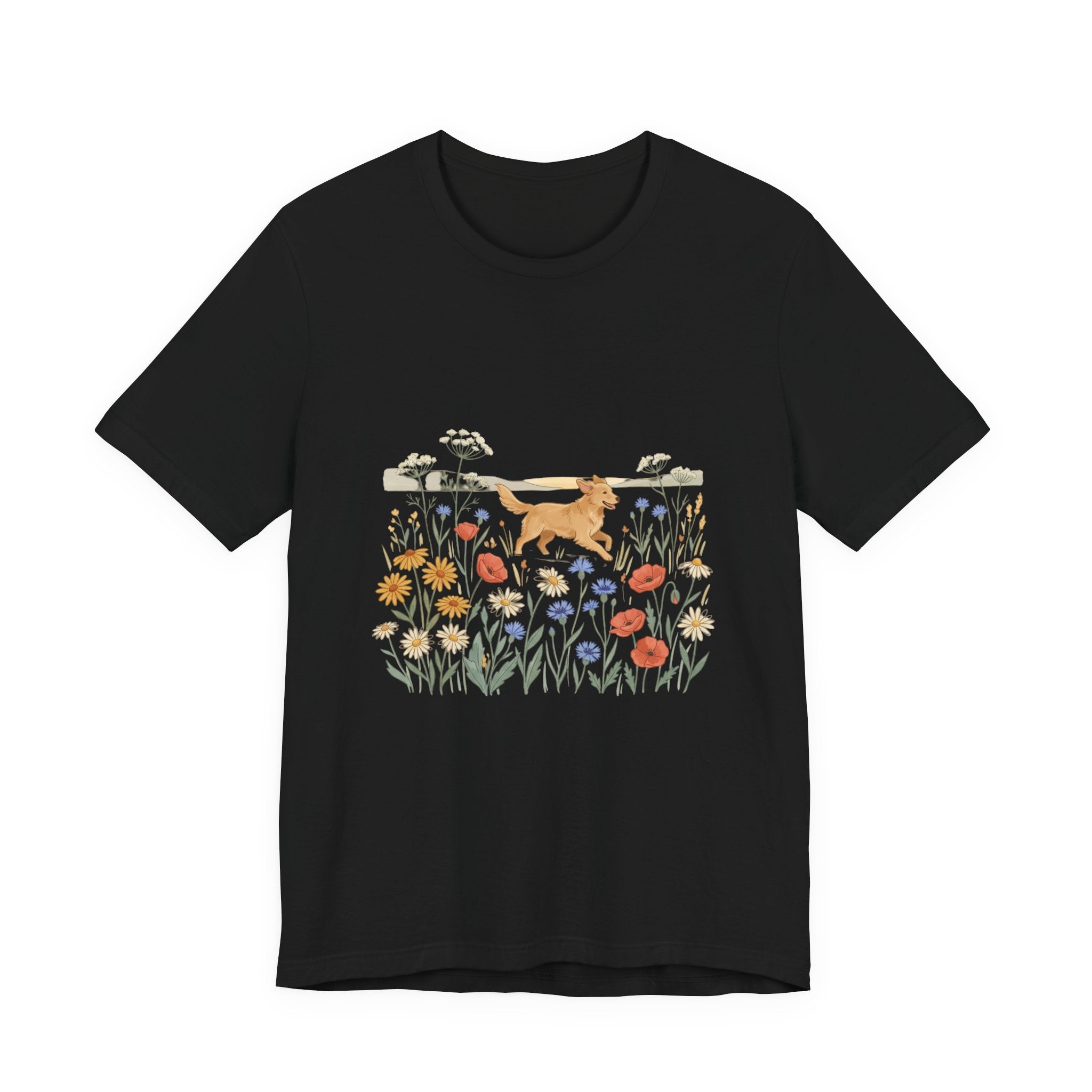 Floral Meadow Dog T‑Shirt — Playful Golden Retriever in Wildflower Field