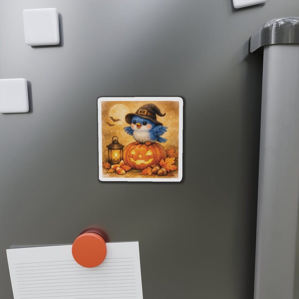 Bluebird in Witch Hat Die‑Cut Magnet – Cozy Autumn Watercolor Design