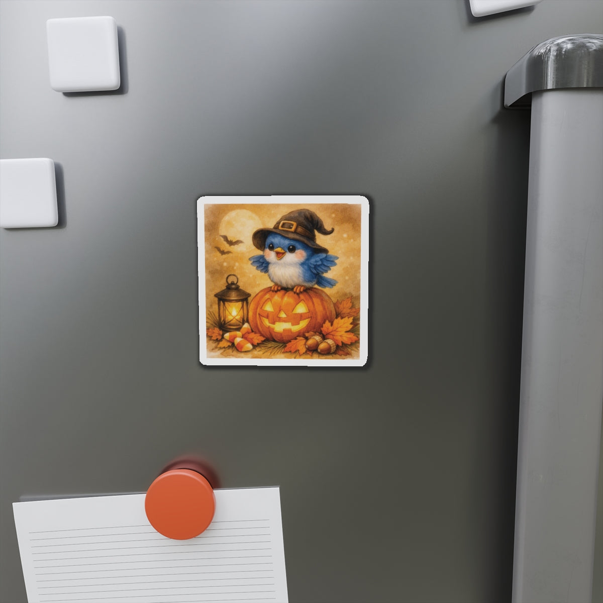 Bluebird in Witch Hat Die‑Cut Magnet – Cozy Autumn Watercolor Design
