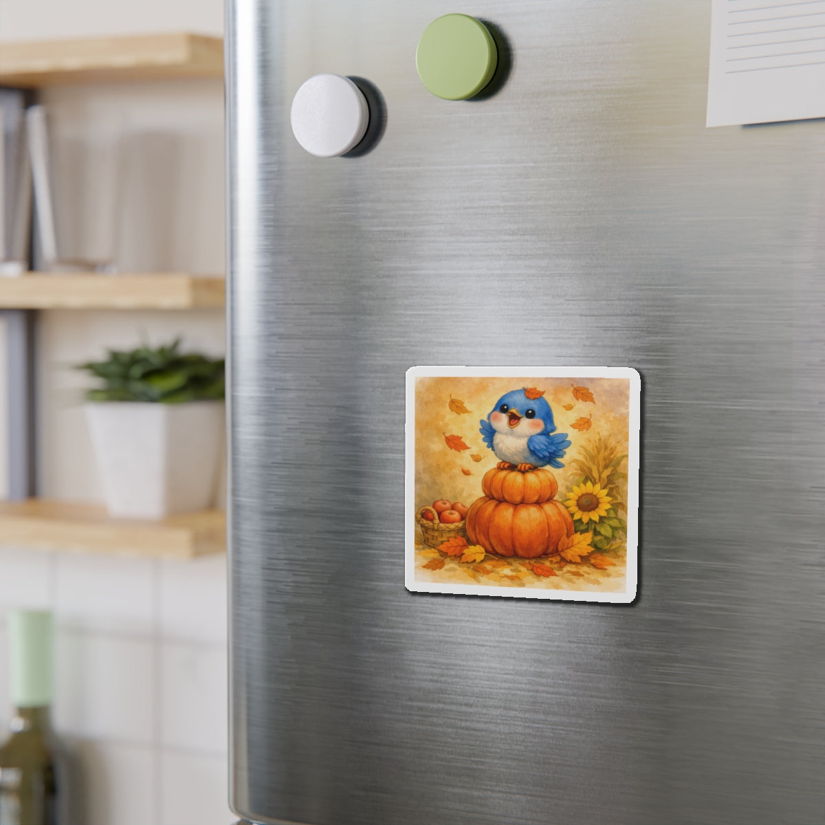 Harvest Bluebird Die‑Cut Magnet – Cozy Fall Pumpkin Watercolor Design