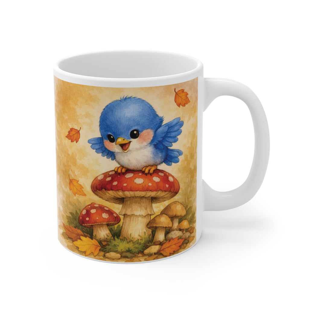 Bluebird on Mushroom Mug – Cute Woodland Watercolor Coffee Cup
