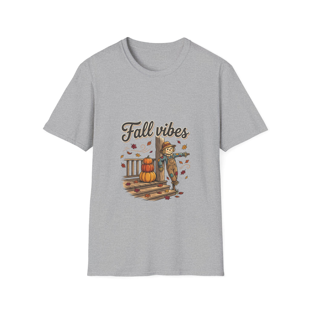 Fall Vibes T-Shirt — Cute Scarecrow & Pumpkin Autumn Graphic Tee