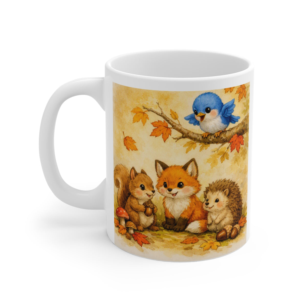 Bluebird Woodland Friends Mug – Cute Fall Animals Watercolor Coffee Cup