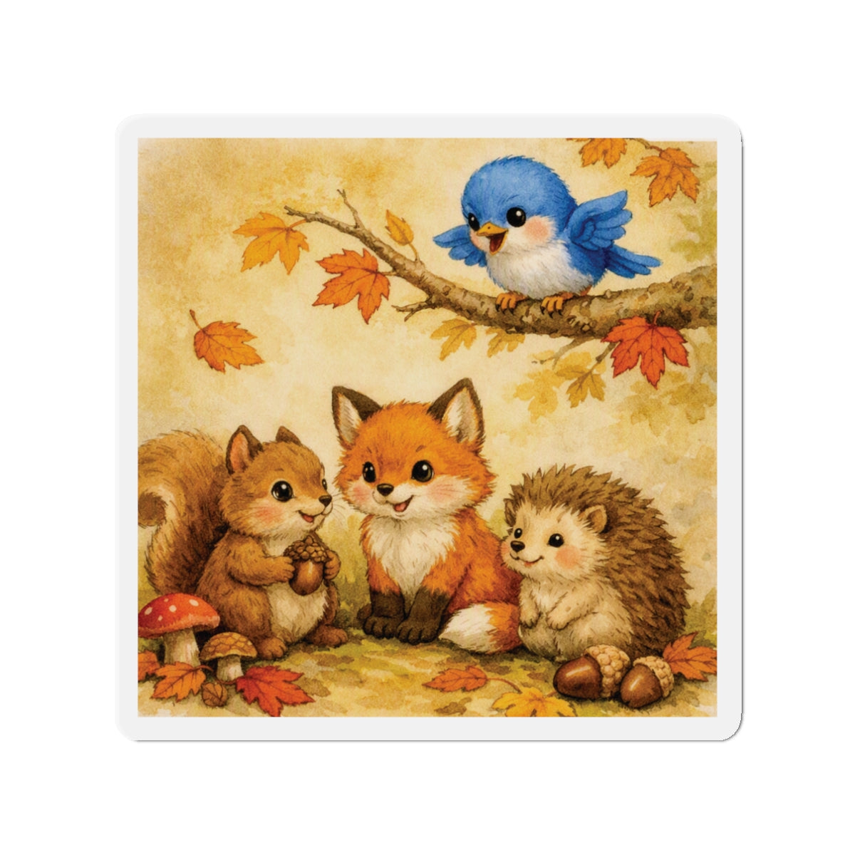Bluebird & Woodland Friends Magnet – Cute Fall Watercolor Autumn Décor