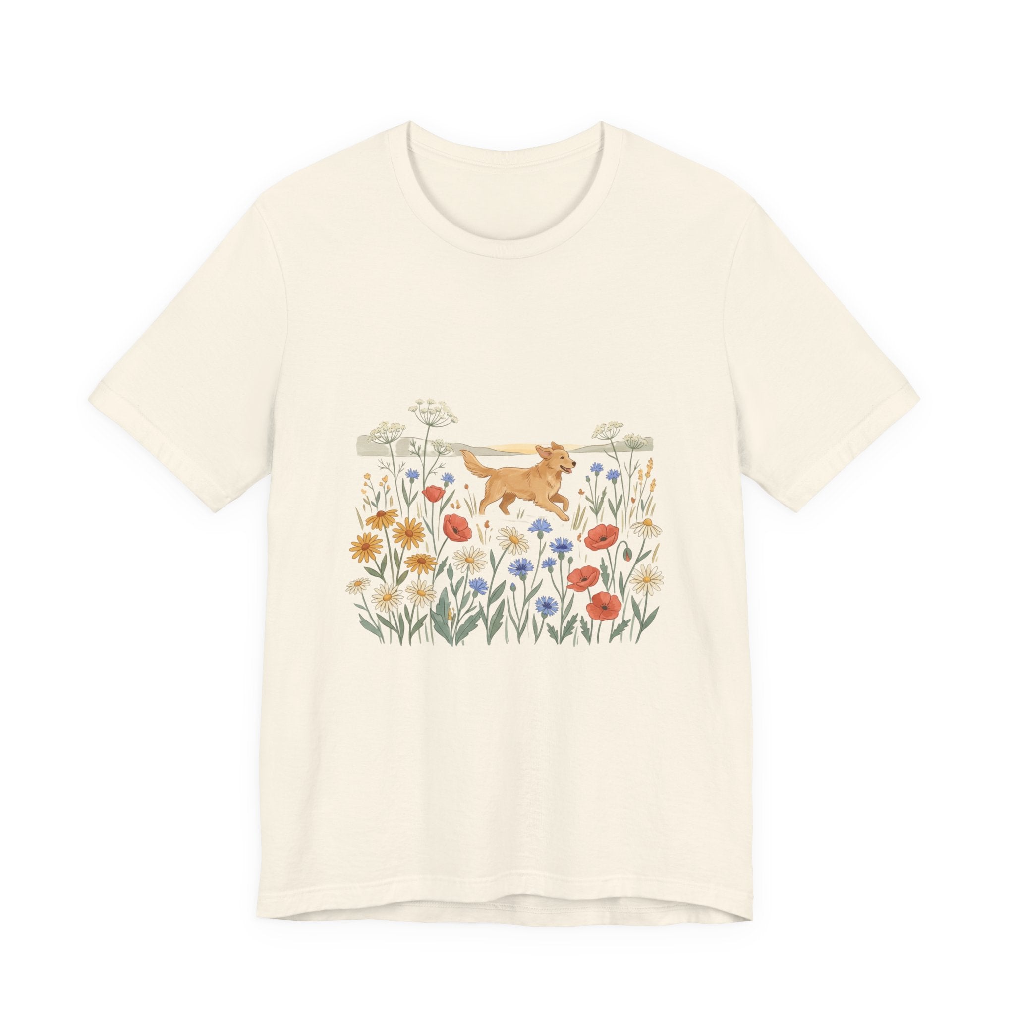 Floral Meadow Dog T‑Shirt — Playful Golden Retriever in Wildflower Field