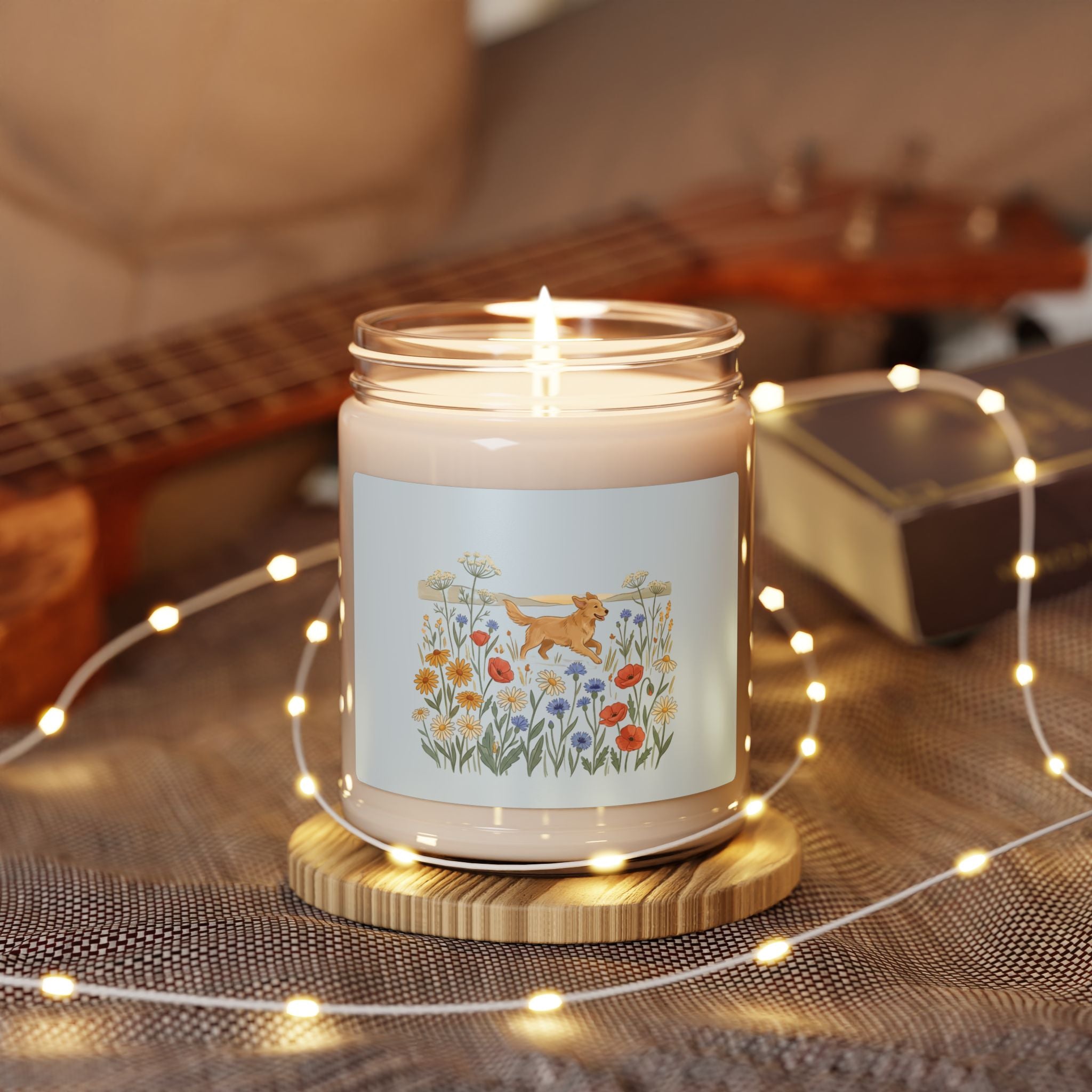 Floral Meadow Soy Candle — 9oz Scented Jar with Golden Retriever Design