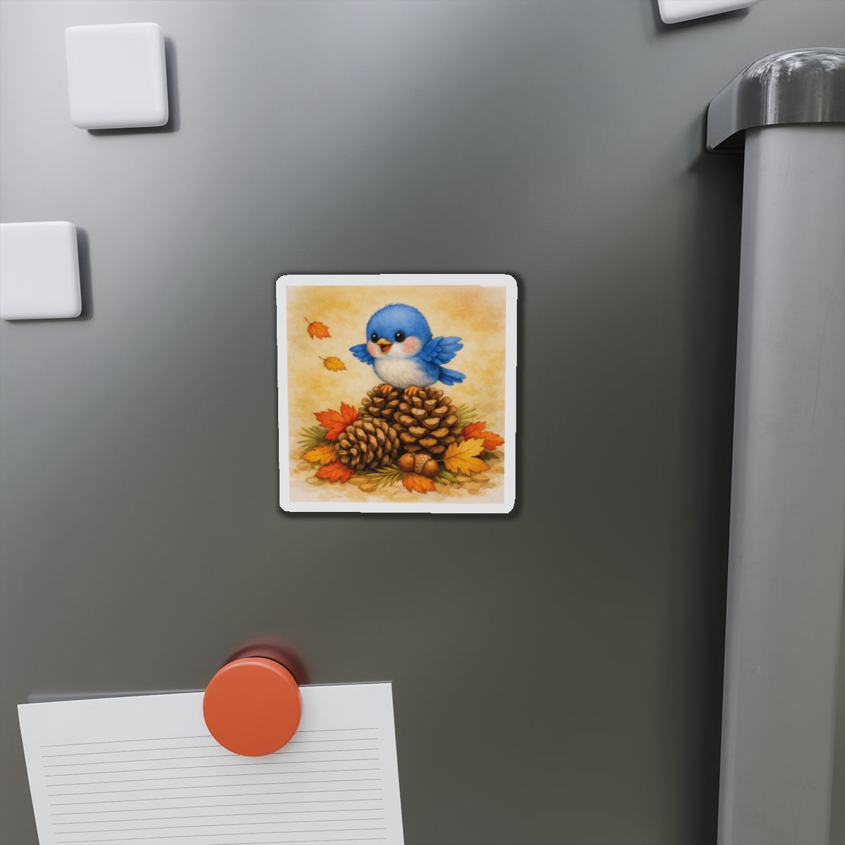 Bluebird Pinecone Magnet  Cute Fall Fridge Magnet  Autumn Leaves Kitchen Decor  Woodland Bird Magnet  Cozy Seasonal Gift