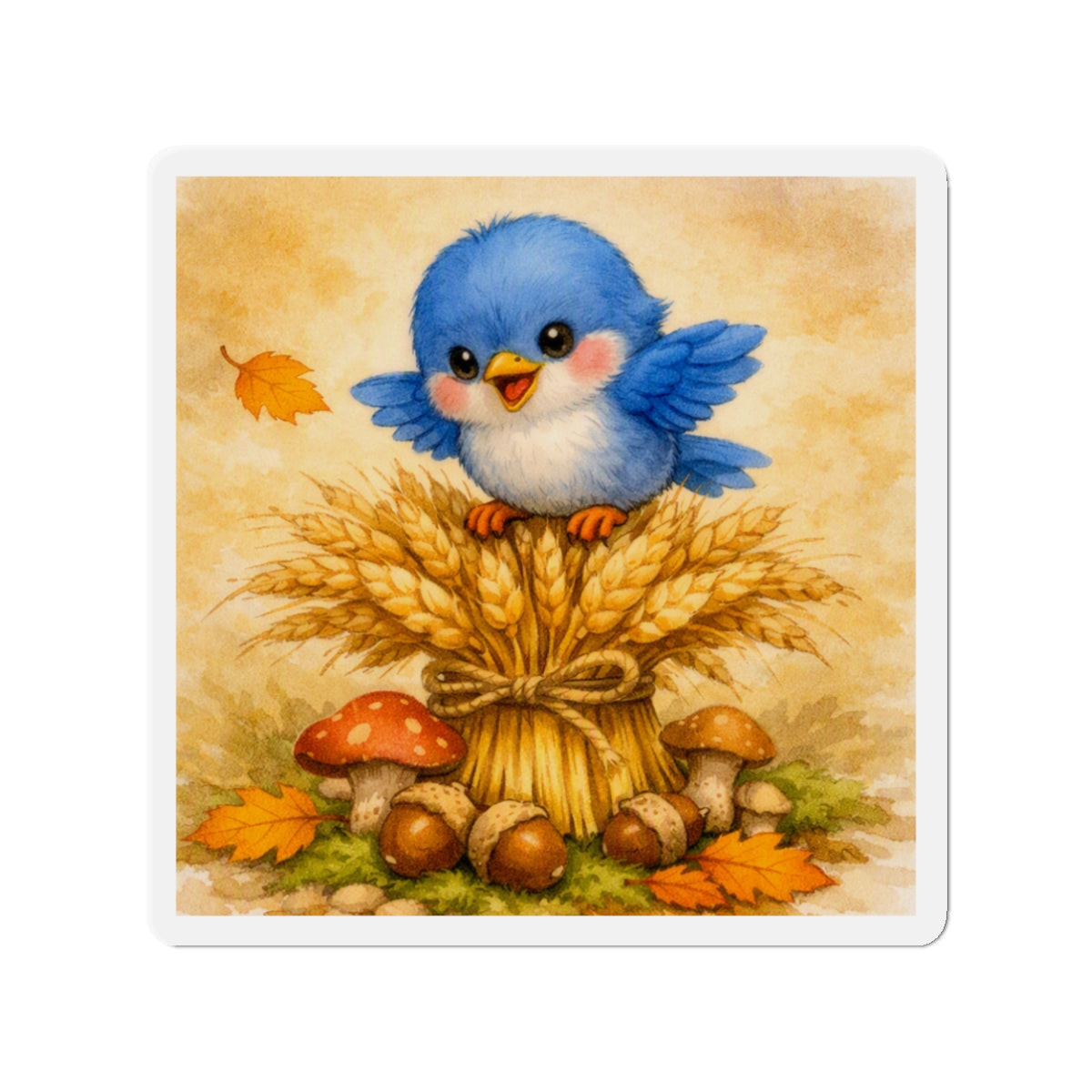 Bluebird Wheat Stack Magnet  Cute Fall Fridge Magnet  Autumn Harvest Kitchen Decor  Woodland Bird Magnet  Cozy Seasonal Gift