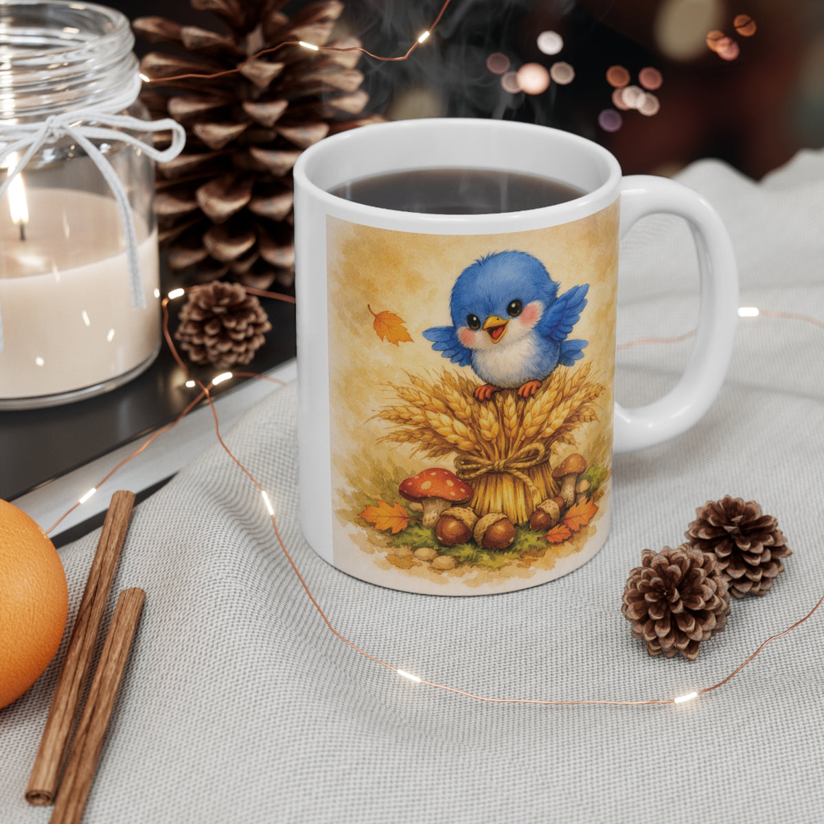 Bluebird on Wheat Mug – Cozy Harvest Watercolor Coffee Cup