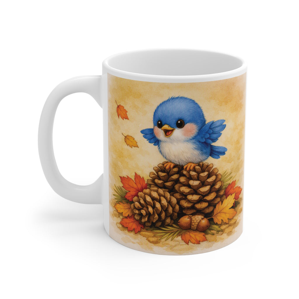 Bluebird on Pinecones Mug – Cozy Woodland Watercolor Coffee Cup
