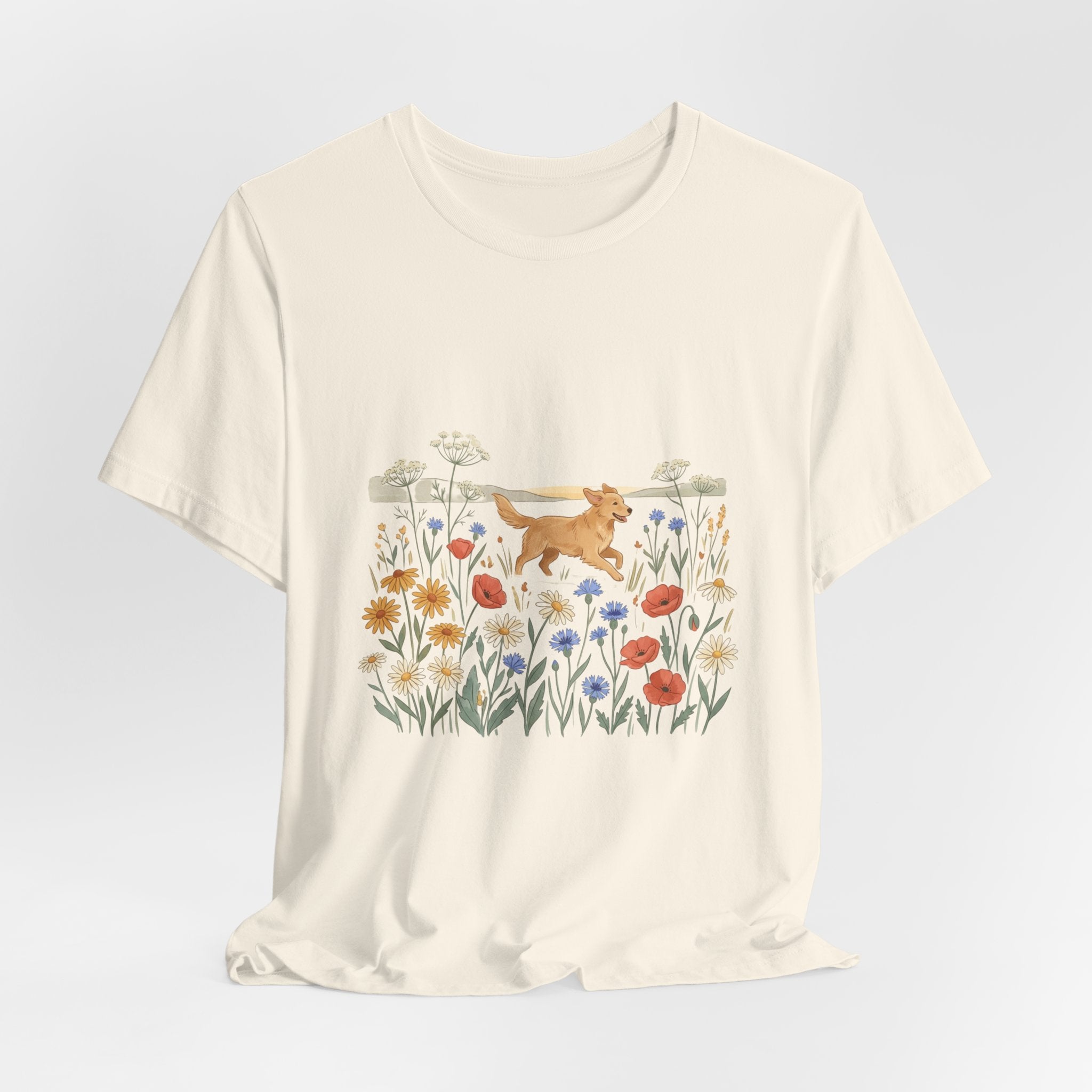Floral Meadow Dog T‑Shirt — Playful Golden Retriever in Wildflower Field