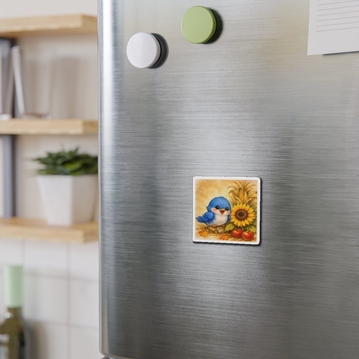Bluebird Sunflower Magnet  Cute Fall Fridge Magnet  Autumn Harvest Kitchen Decor  Woodland Bird Magnet  Cozy Seasonal Gift