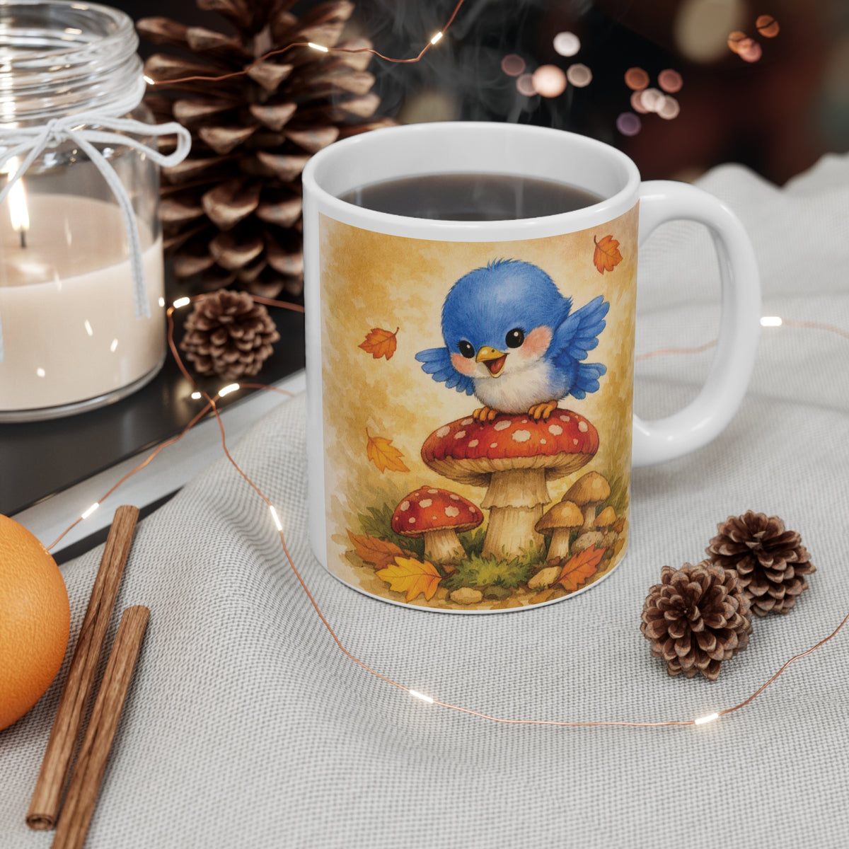 Bluebird on Mushroom Mug – Cute Woodland Watercolor Coffee Cup