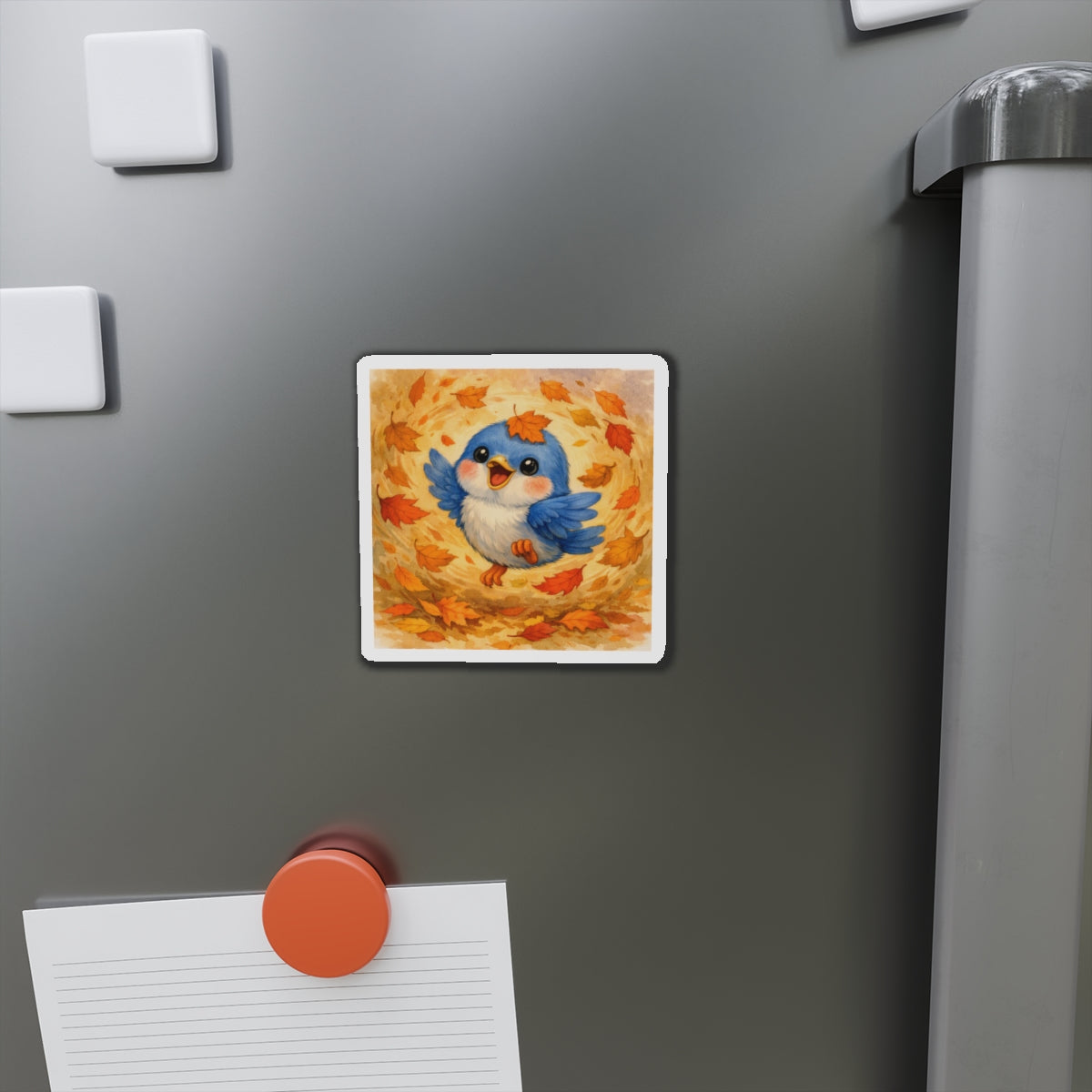 Swirling Leaves Bluebird Die‑Cut Magnet – Cozy Fall Watercolor Design