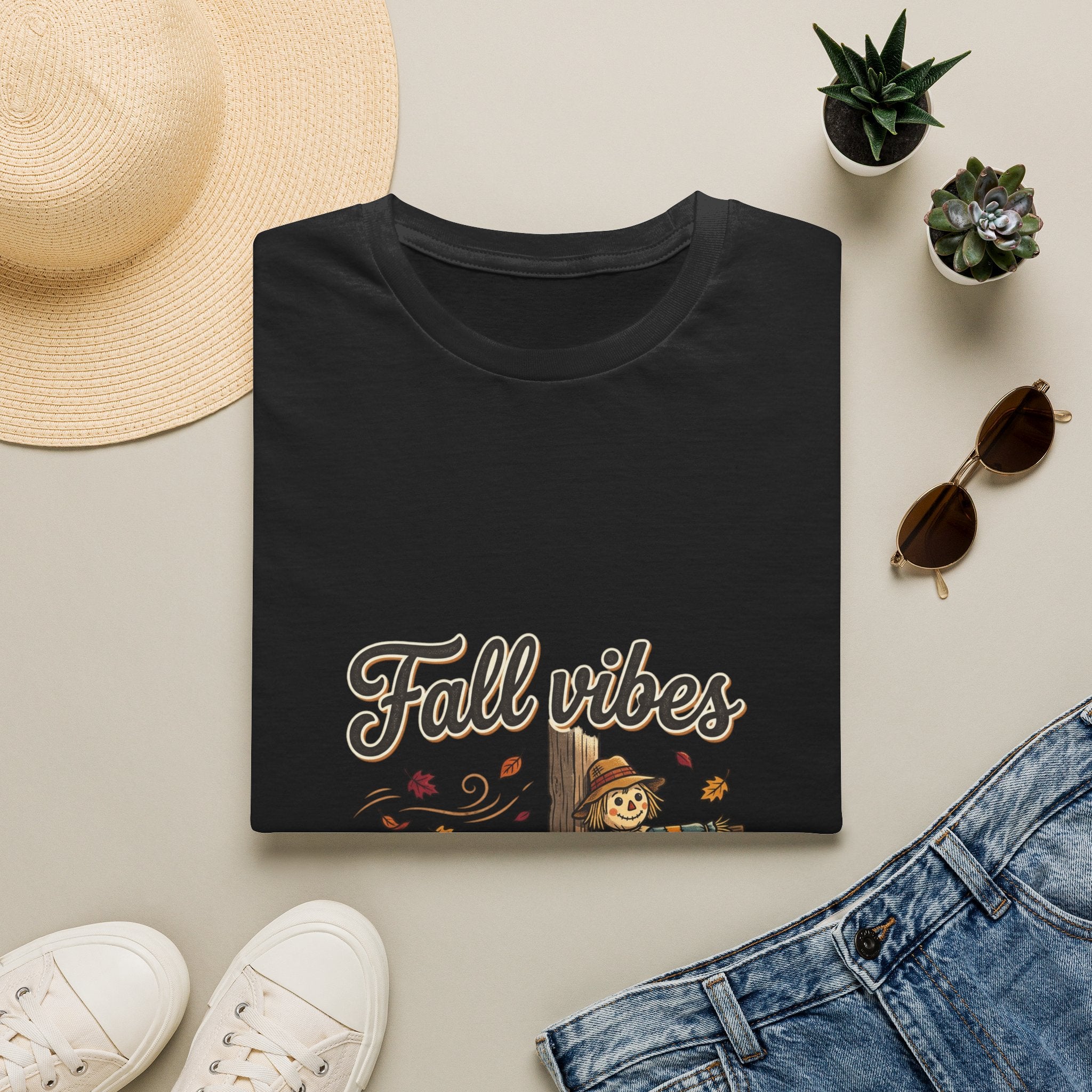 Fall Vibes T-Shirt — Cute Scarecrow & Pumpkin Autumn Graphic Tee
