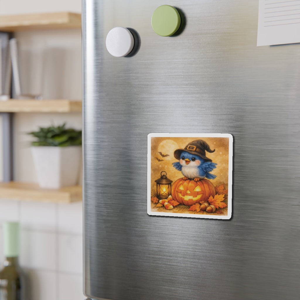 Bluebird in Witch Hat Die‑Cut Magnet – Cozy Autumn Watercolor Design