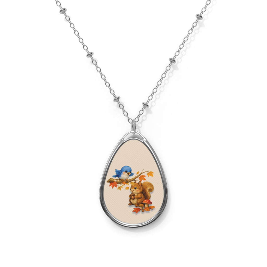 Woodland Friends Teardrop Necklace – Bluebird & Squirrel Storybook Pendant