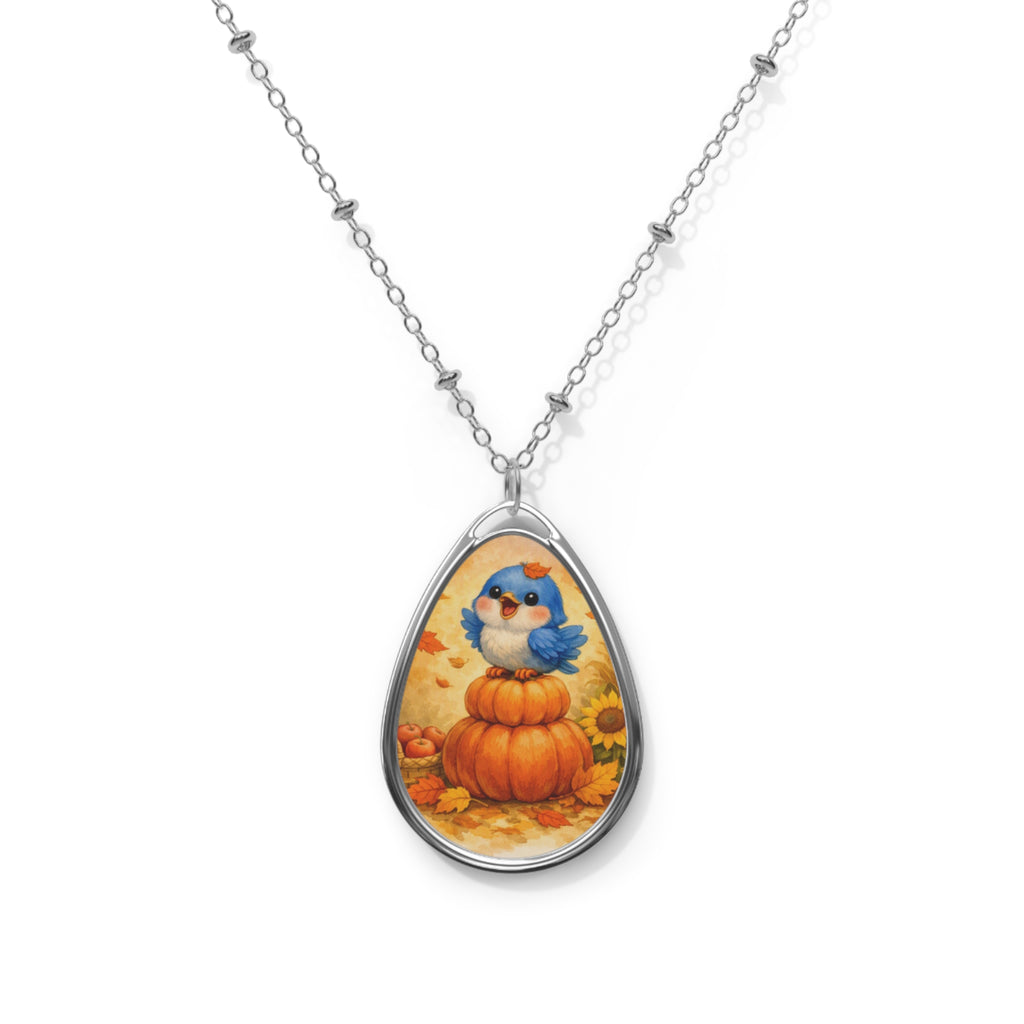 Bluebird on Pumpkin Fall Pendant – Autumn Necklace – Harvest Jewelry