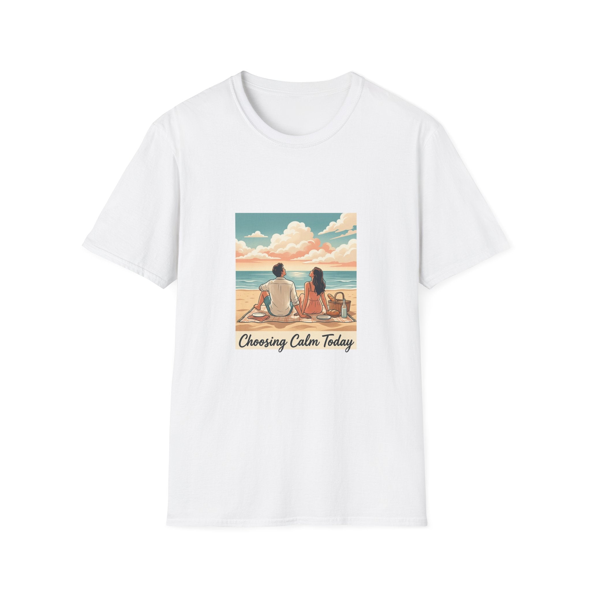 Beach Couples T-Shirt — 'Choosing Calm Today' Scenic Ocean Shirt