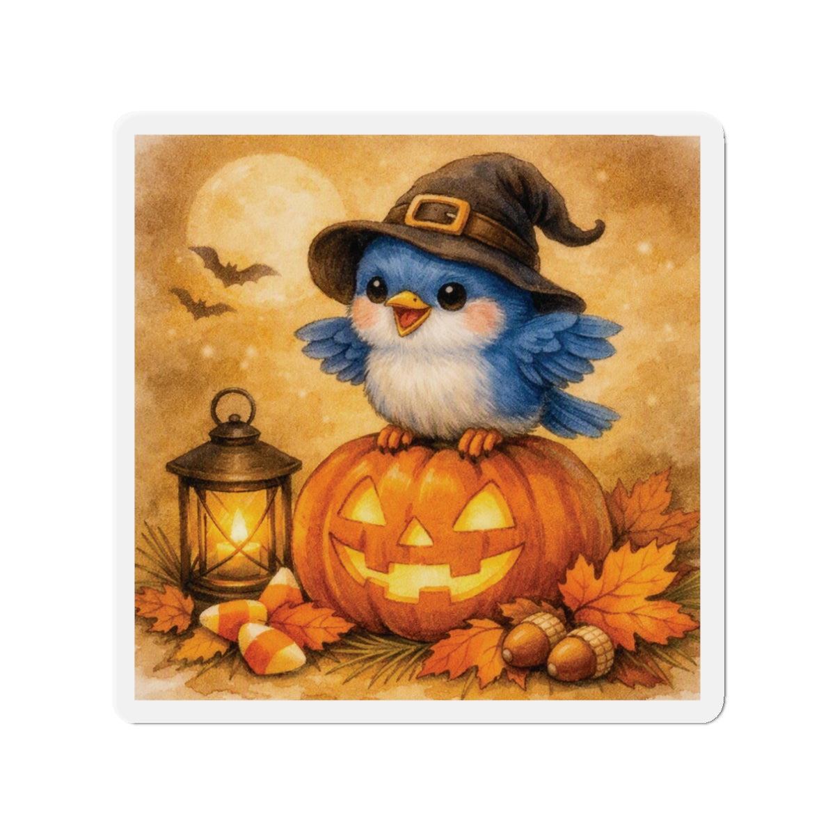 Bluebird in Witch Hat Die‑Cut Magnet – Cozy Autumn Watercolor Design