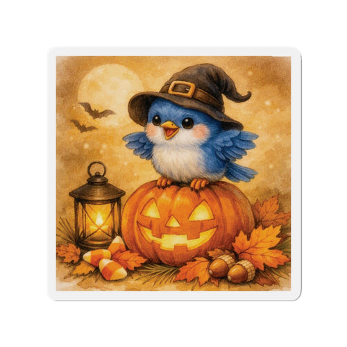 Bluebird in Witch Hat Die‑Cut Magnet – Cozy Autumn Watercolor Design