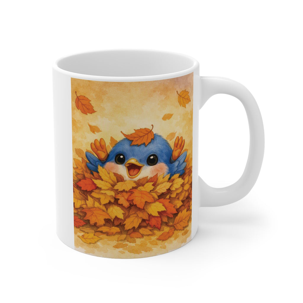 Bluebird in Leaf Pile Mug – Cozy Autumn Watercolor Coffee Cup