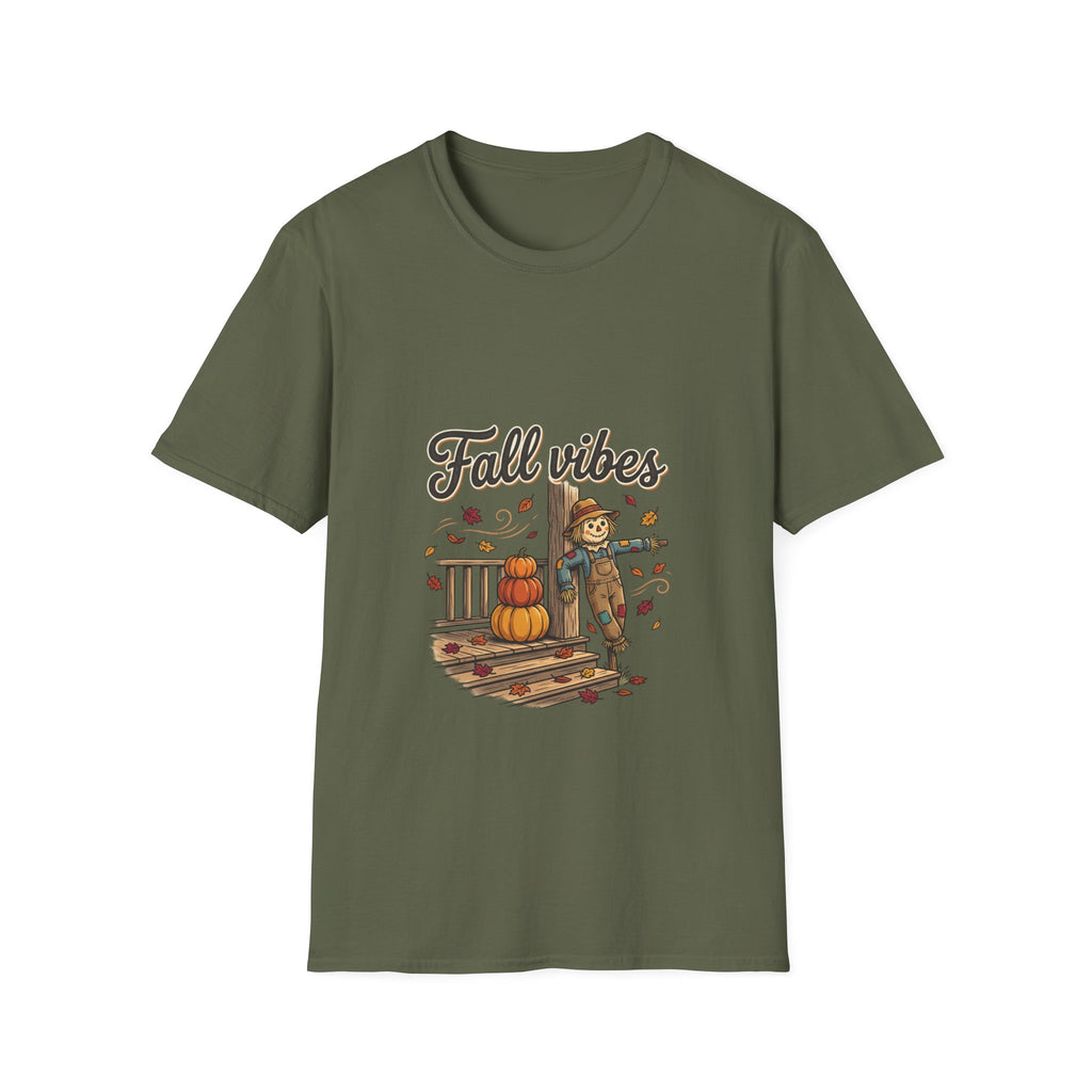 Fall Vibes T-Shirt — Cute Scarecrow & Pumpkin Autumn Graphic Tee