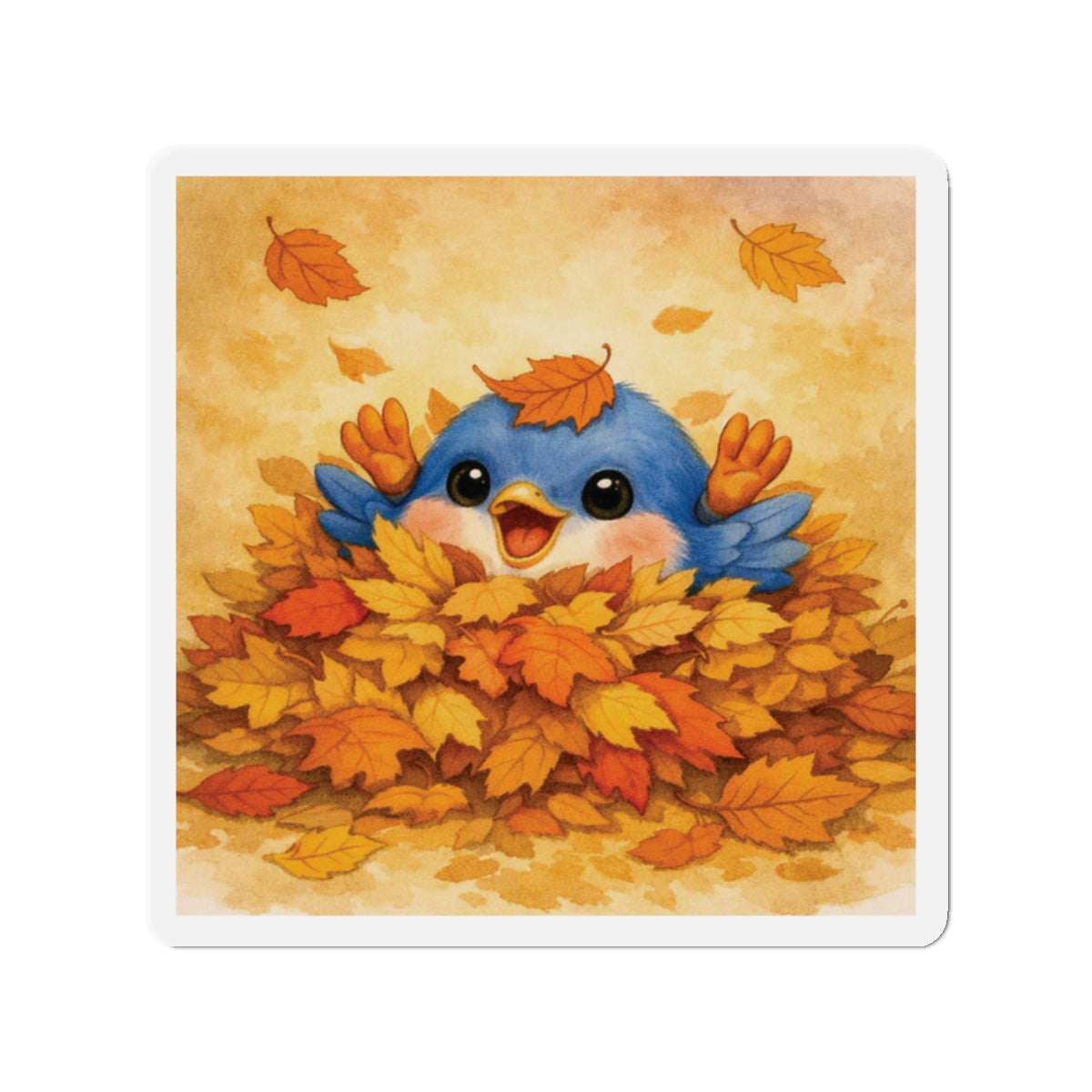 Autumn Bluebird Magnet – Watercolor Leaf Pile Art
