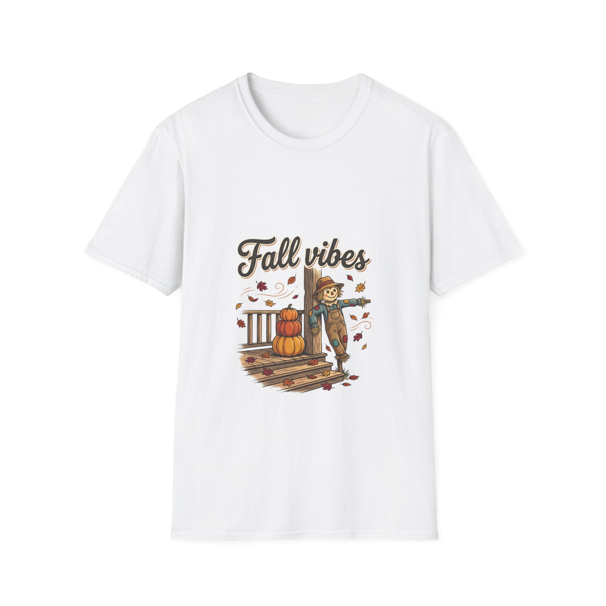 Fall Vibes T-Shirt — Cute Scarecrow & Pumpkin Autumn Graphic Tee