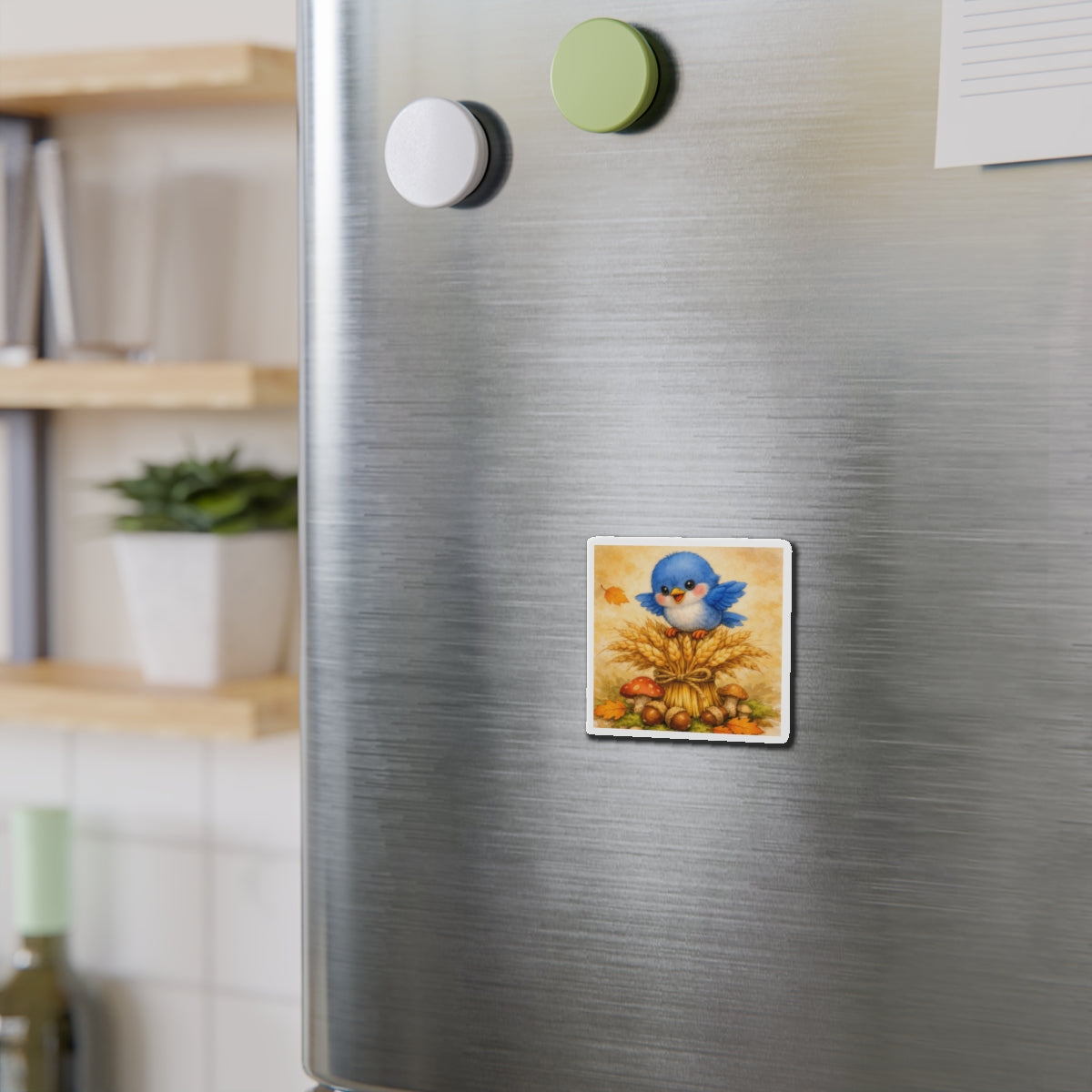 Bluebird Wheat Stack Magnet  Cute Fall Fridge Magnet  Autumn Harvest Kitchen Decor  Woodland Bird Magnet  Cozy Seasonal Gift