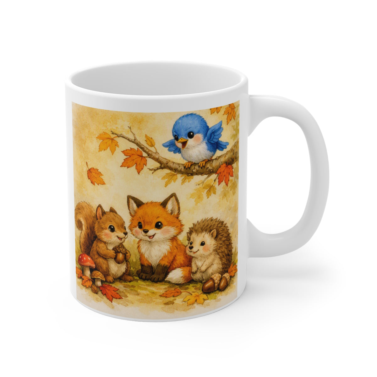 Bluebird Woodland Friends Mug – Cute Fall Animals Watercolor Coffee Cup
