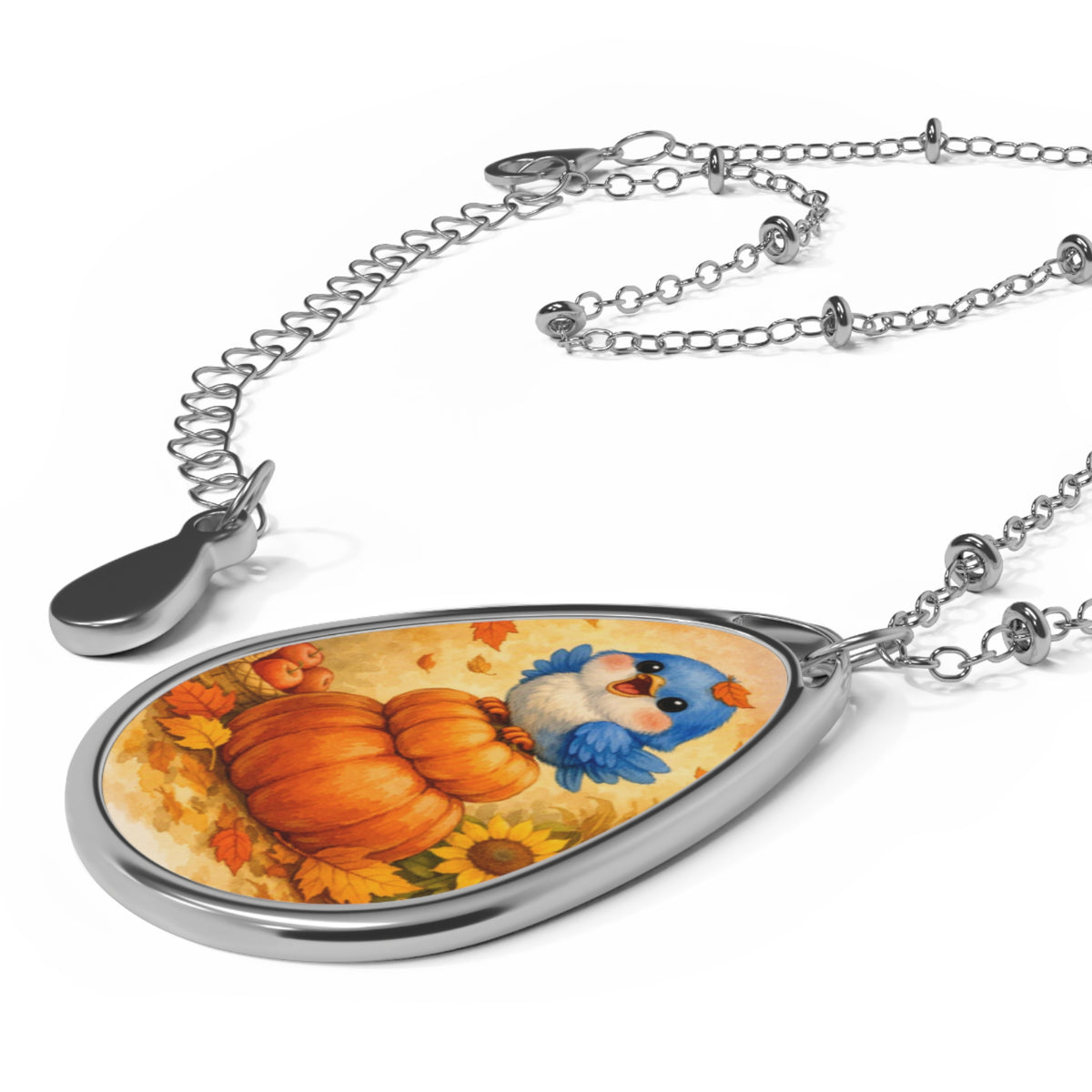 Bluebird on Pumpkin Fall Pendant – Autumn Necklace – Harvest Jewelry
