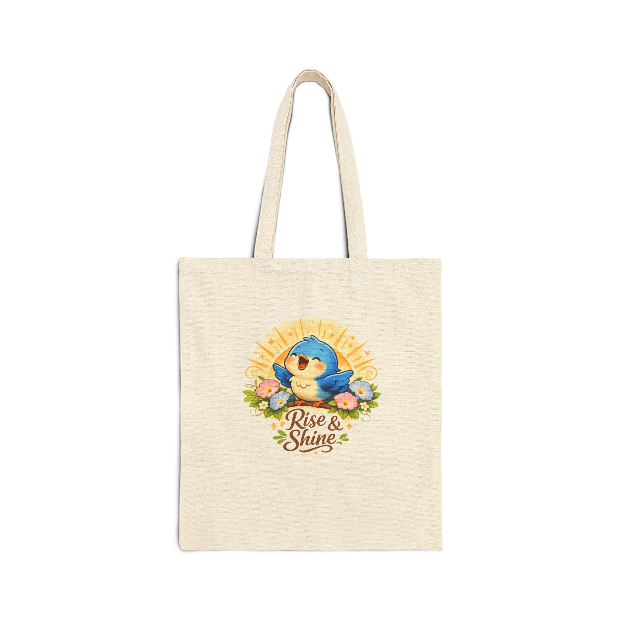 Rise & Shine Bluebird Cotton Tote Bag — Cute Morning Floral Reusable Grocery Tote