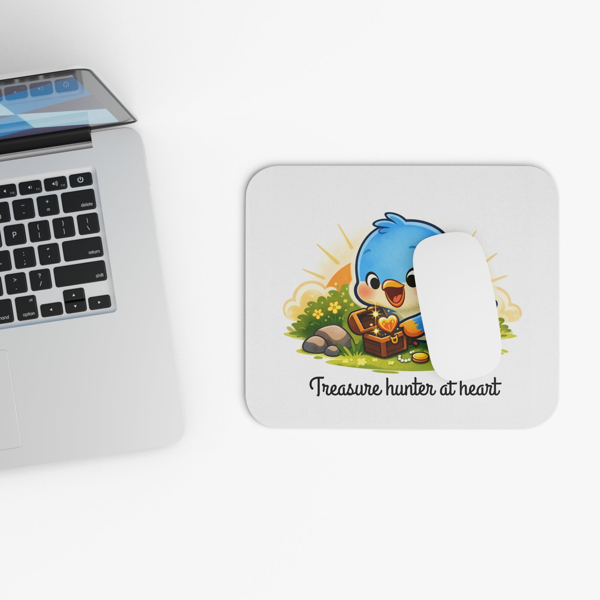 Treasure Hunter Bluebird Mouse Pad – Whimsical Desk Accessory for Collectors & Dreamers