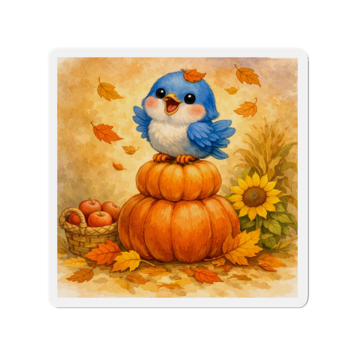 Harvest Bluebird Die‑Cut Magnet – Cozy Fall Pumpkin Watercolor Design