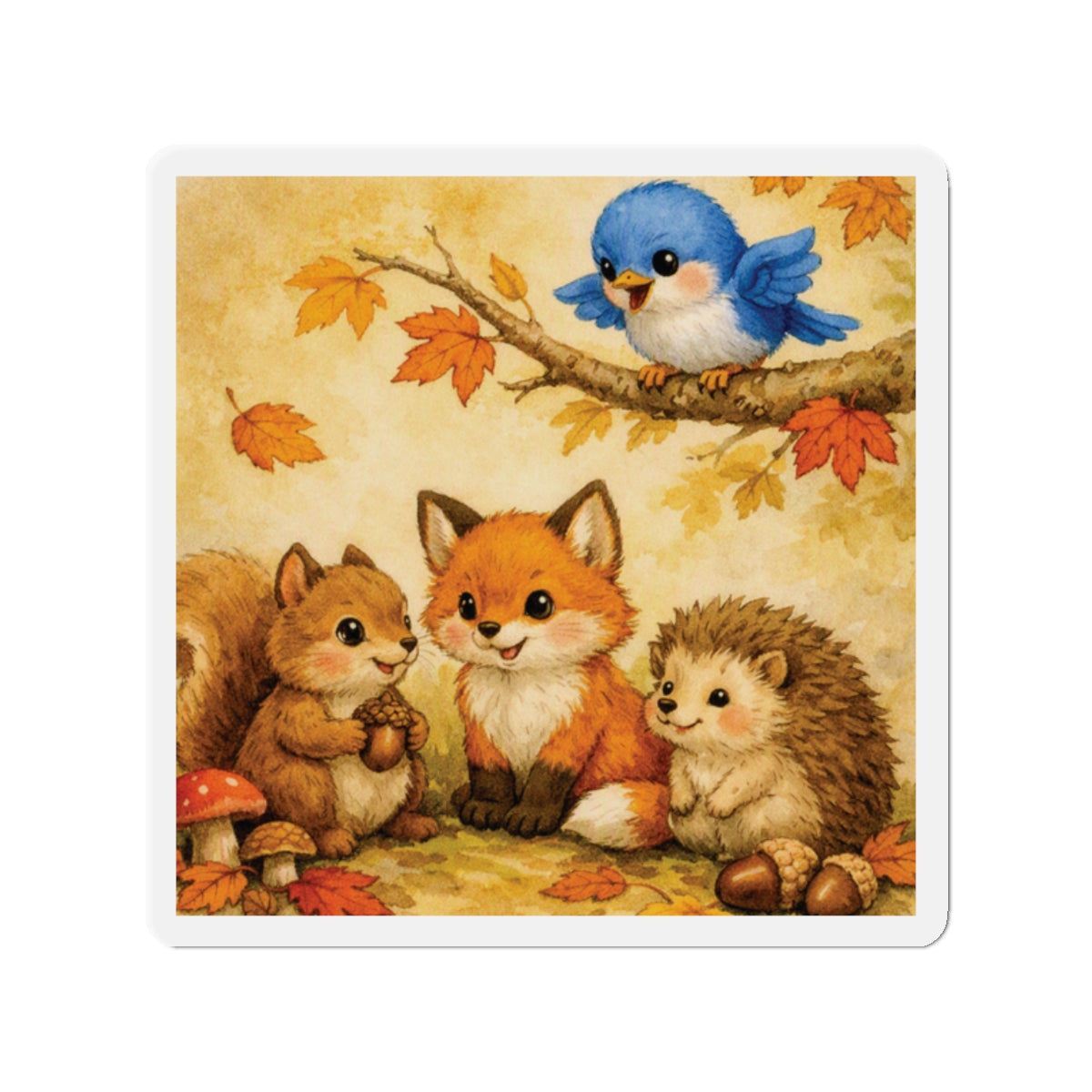 Bluebird & Woodland Friends Magnet – Cute Fall Watercolor Autumn Décor
