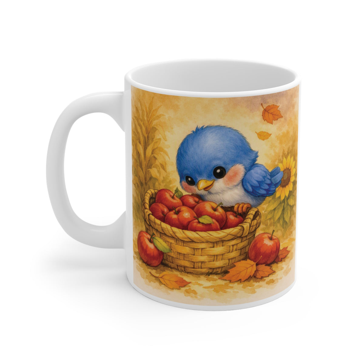 Bluebird & Apple Basket Fall Mug – Watercolor Autumn Coffee Cup