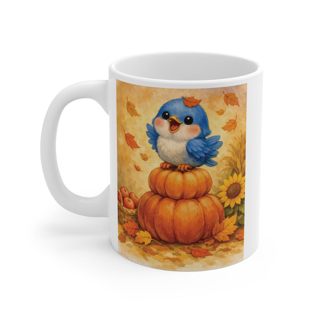 Bluebird on Pumpkin Fall Mug – Watercolor Autumn Coffee Cup