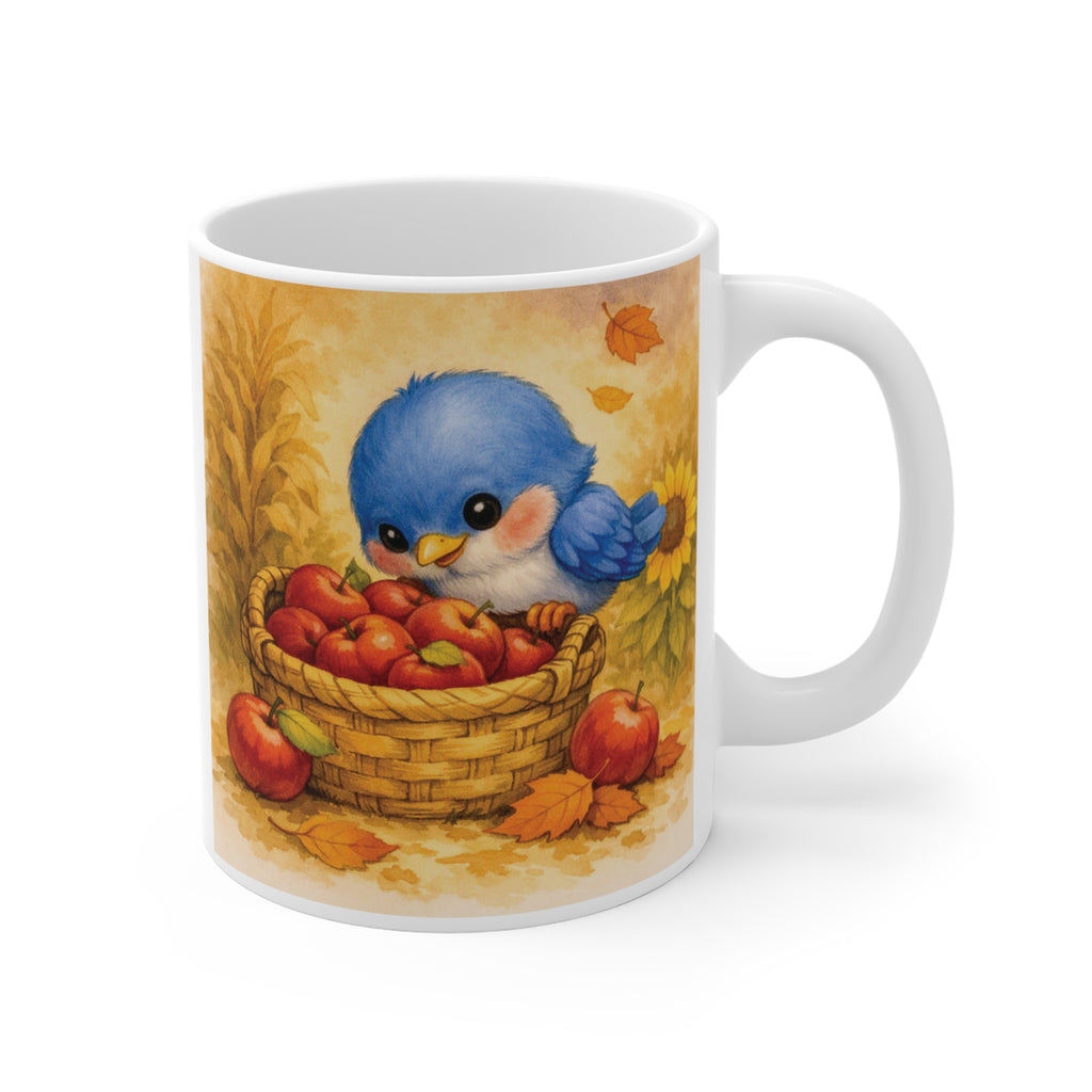 Bluebird & Apple Basket Fall Mug – Watercolor Autumn Coffee Cup