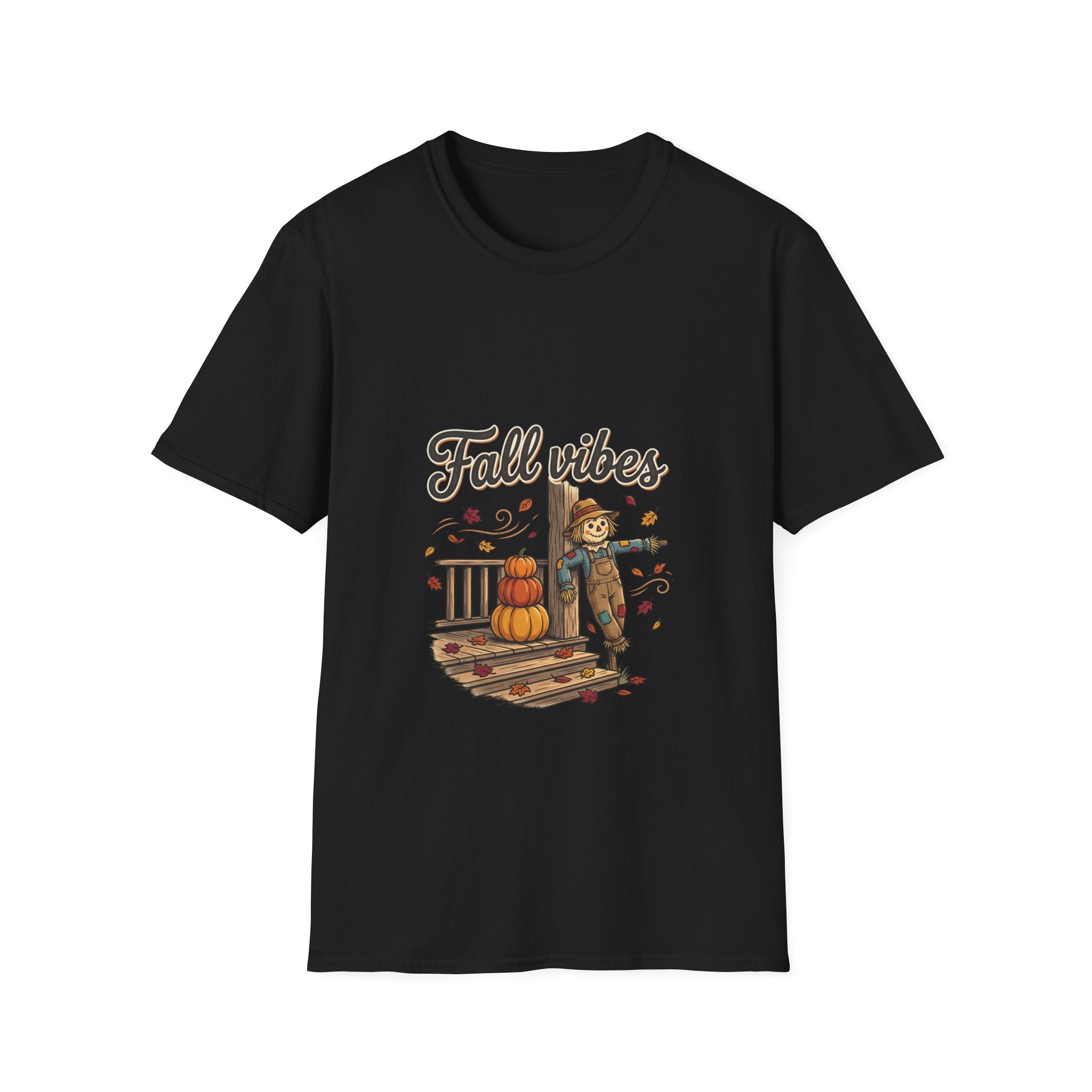 Fall Vibes T-Shirt — Cute Scarecrow & Pumpkin Autumn Graphic Tee