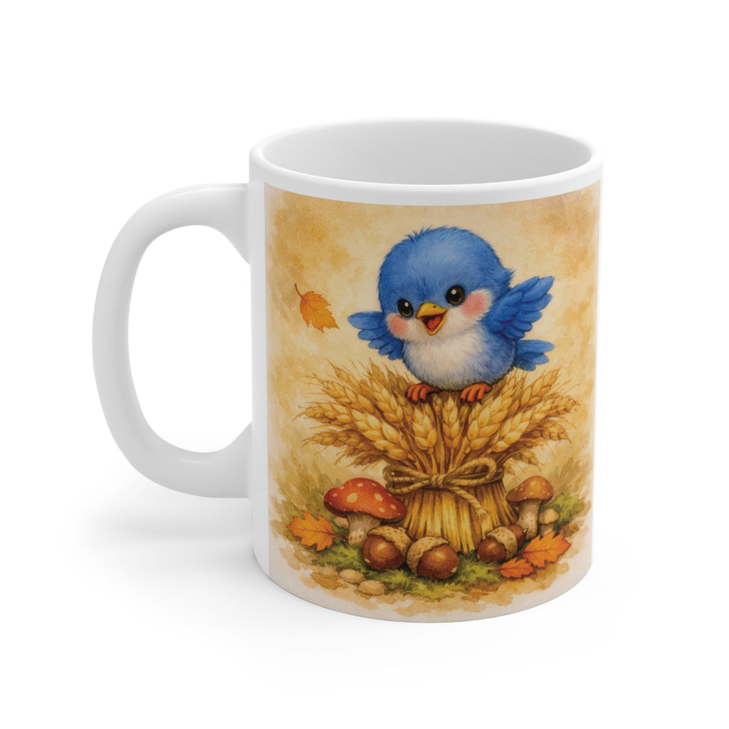 Bluebird on Wheat Mug – Cozy Harvest Watercolor Coffee Cup