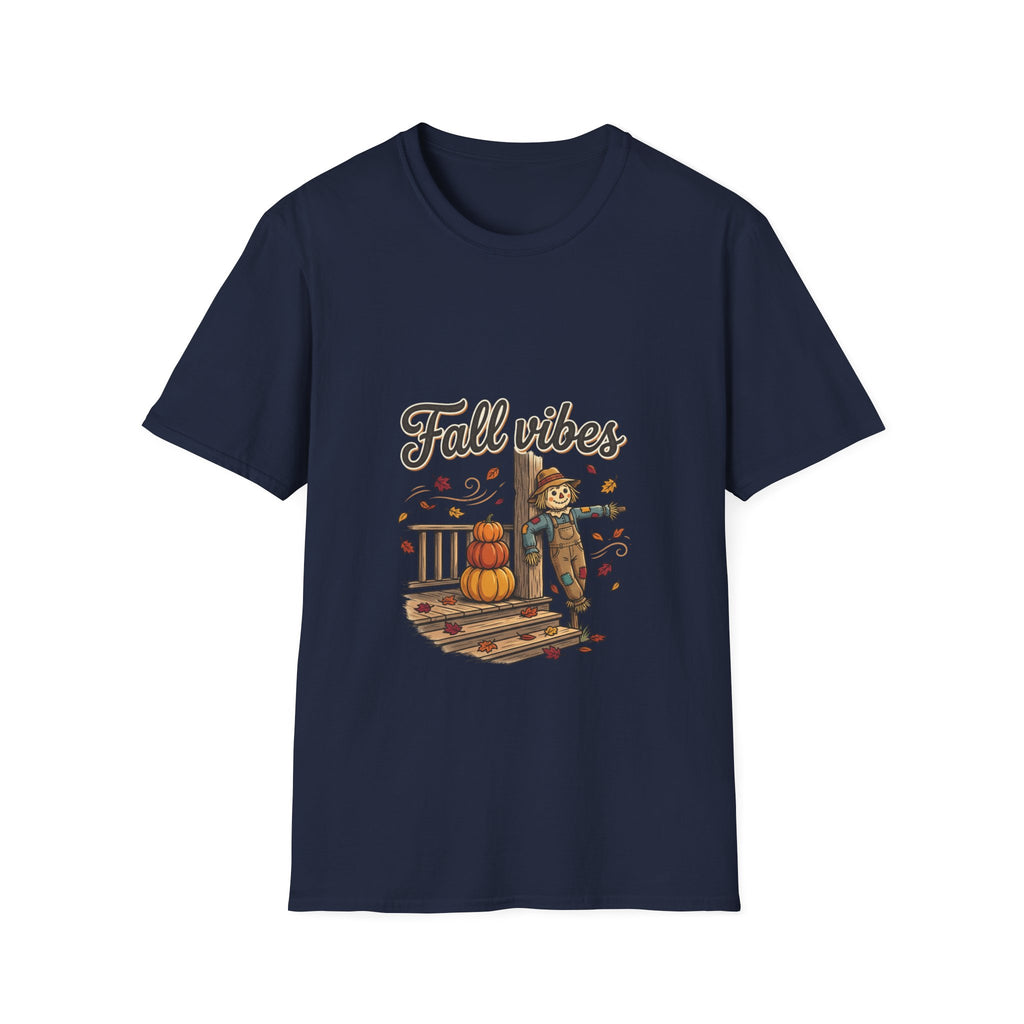 Fall Vibes T-Shirt — Cute Scarecrow & Pumpkin Autumn Graphic Tee