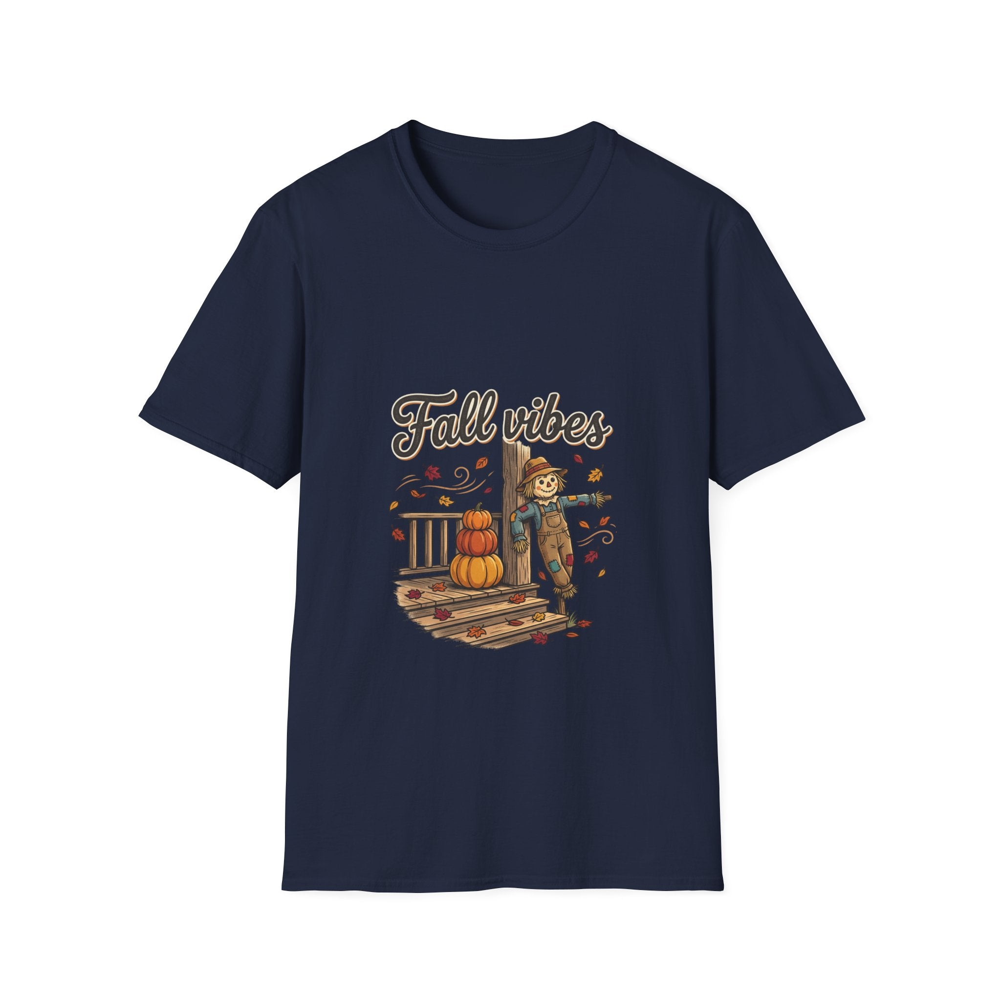 Fall Vibes T-Shirt — Cute Scarecrow & Pumpkin Autumn Graphic Tee