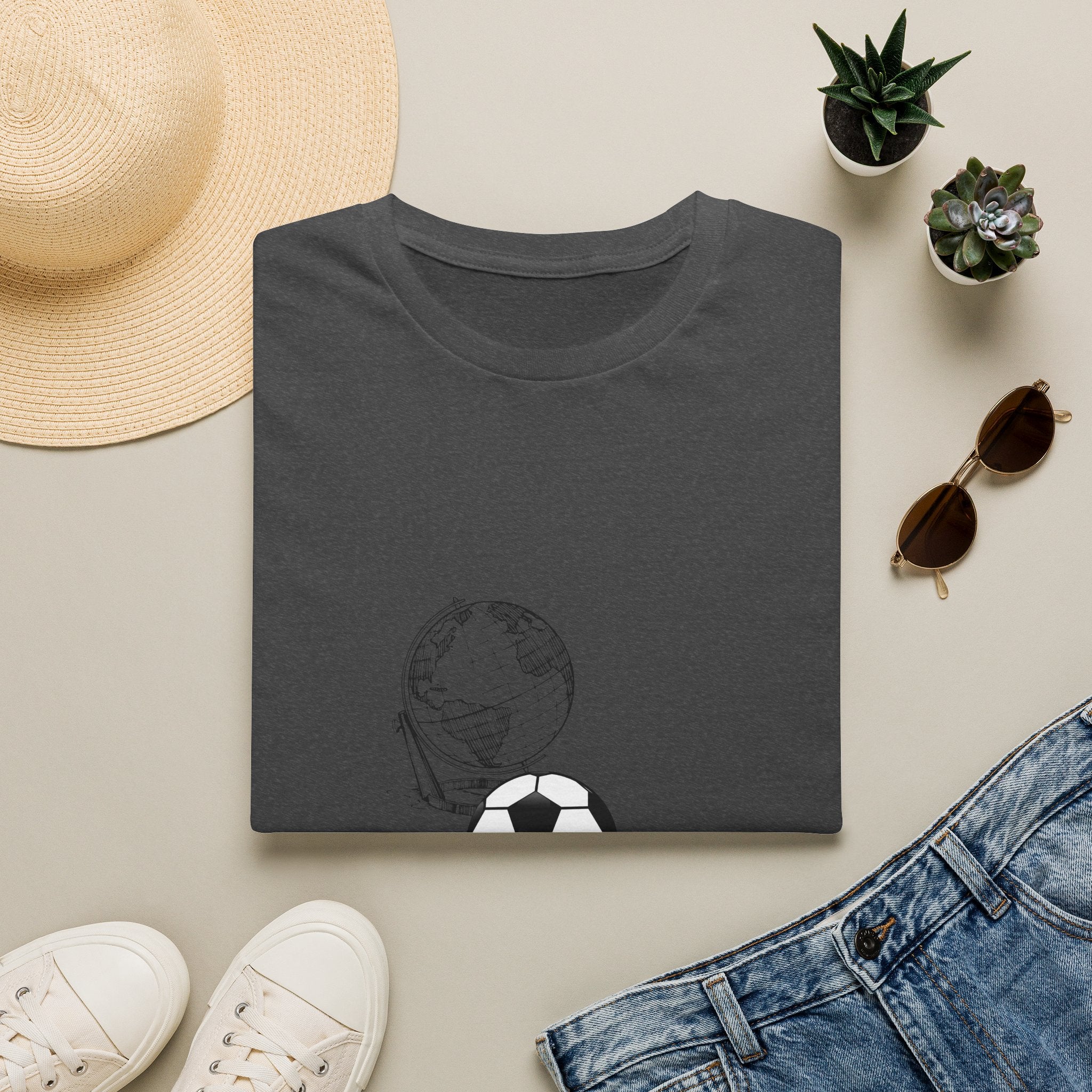 Soccer World Graphic T-Shirt — Globe & Ball Minimalist Tee for Soccer Fans