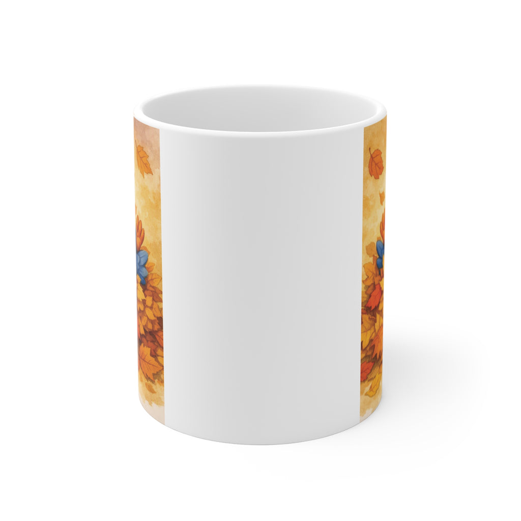 Bluebird in Leaf Pile Mug – Cozy Autumn Watercolor Coffee Cup